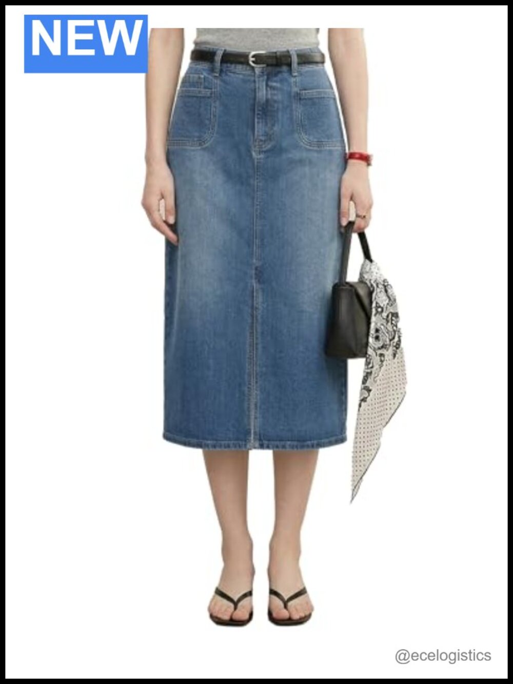 High Waist Midi Denim Skirt Long Straight Casual Pencil Jean Skirt with Slit